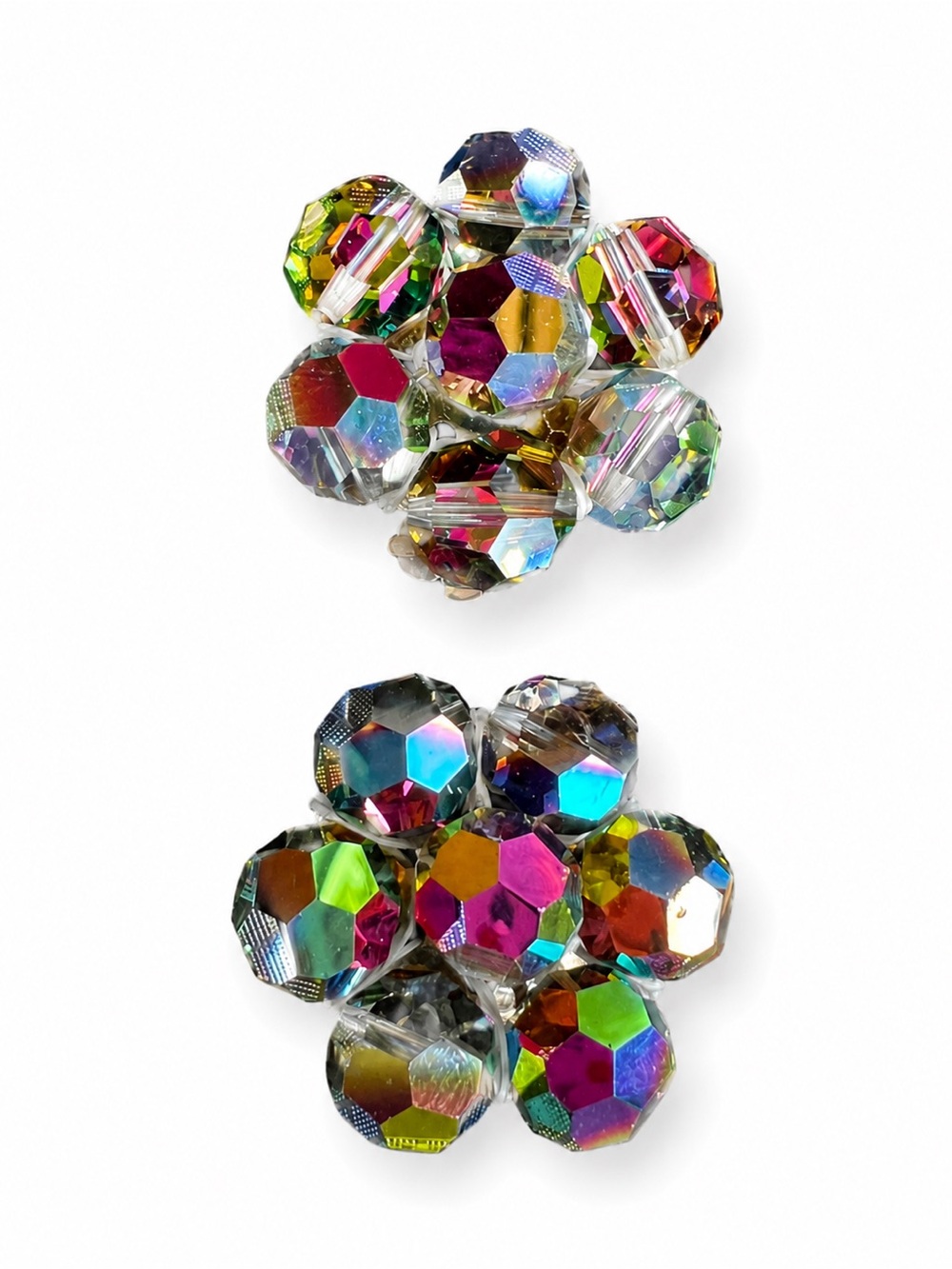 VINTAGE | Iridescent Multicolor Rainbow Crystal Beaded Flower Clip-on Earrings